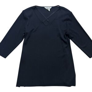 Misook Shirt Women’s Medium Black 3/4 Sleeve Side Slit V Neck Minimalist Classic